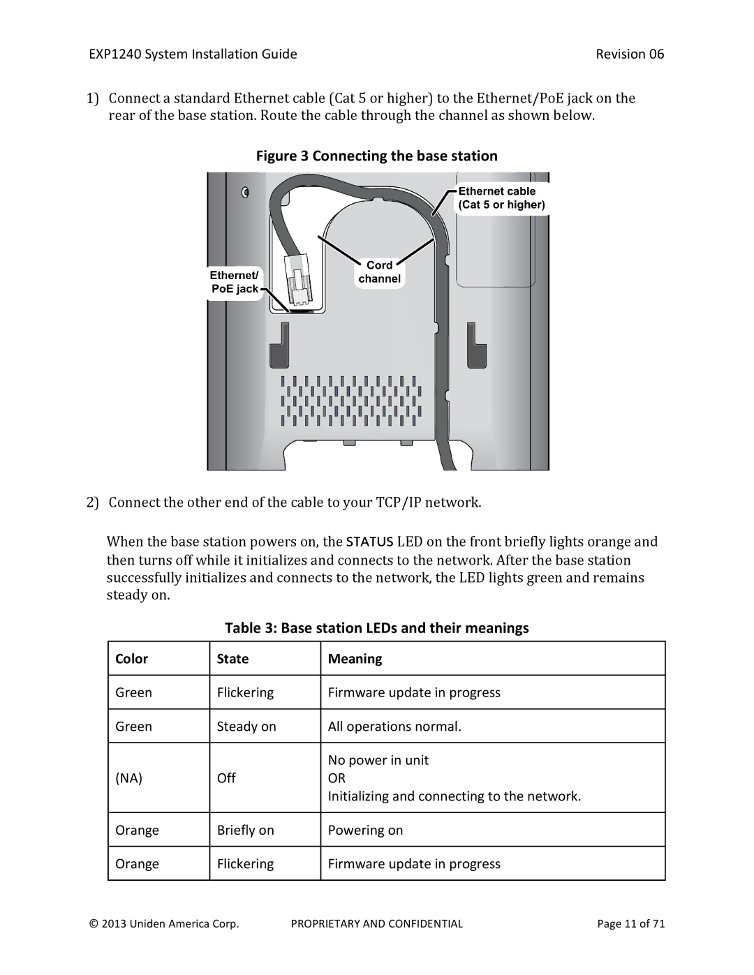 Uniden EXP1240 manual Connecting the base station, Base station LEDs and their meanings 