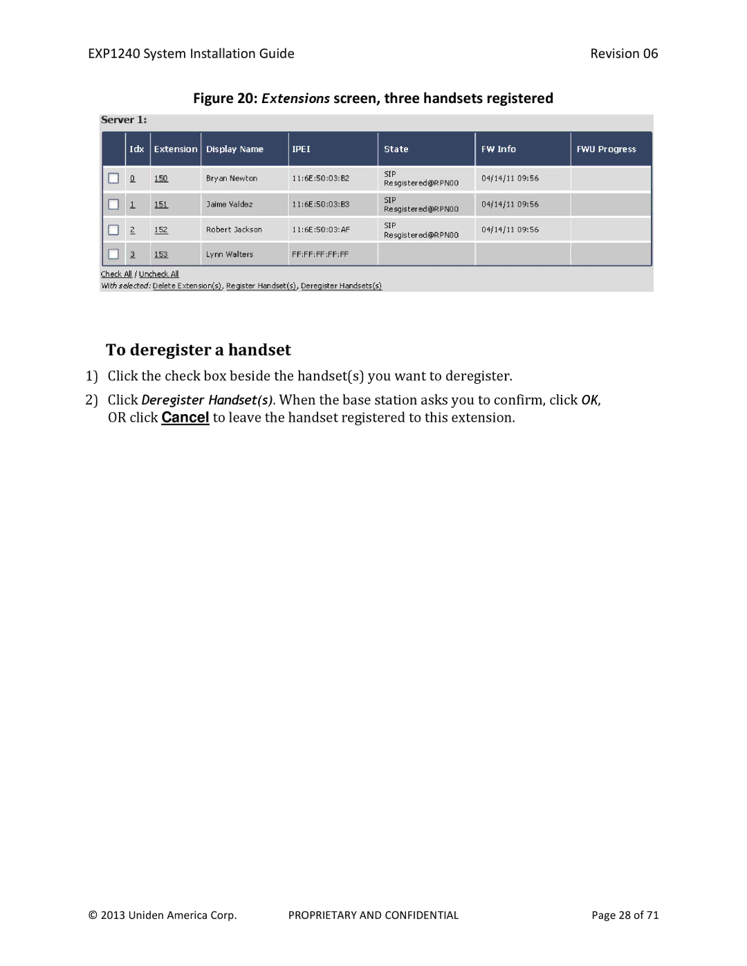 Uniden EXP1240 manual To deregister a handset, Extensions screen, three handsets registered 