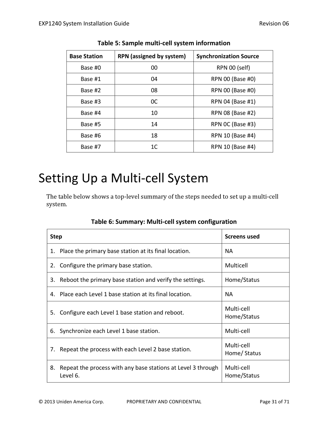 Uniden EXP1240 manual Setting Up a Multi-cell System, Sample multi-cell system information 