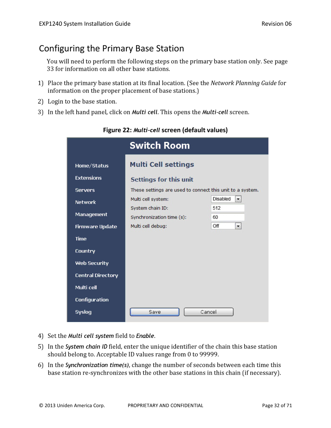 Uniden EXP1240 manual Configuring the Primary Base Station, Multi-cellscreen default values 