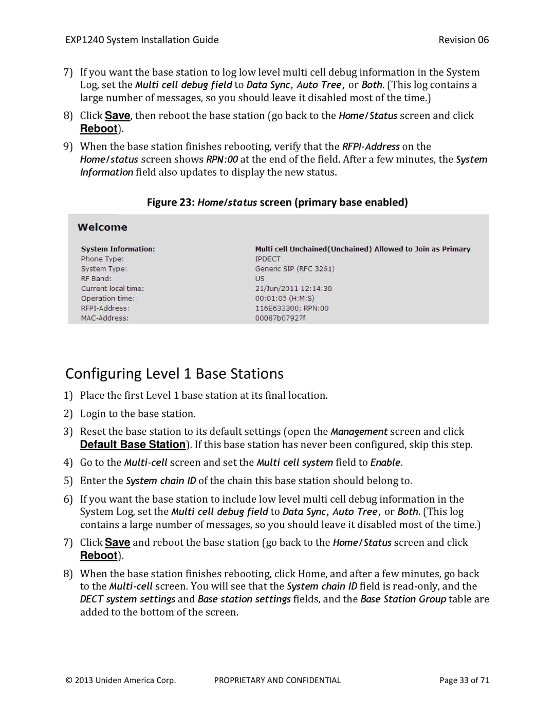 Uniden EXP1240 manual Configuring Level 1 Base Stations, Home/status screen primary base enabled 