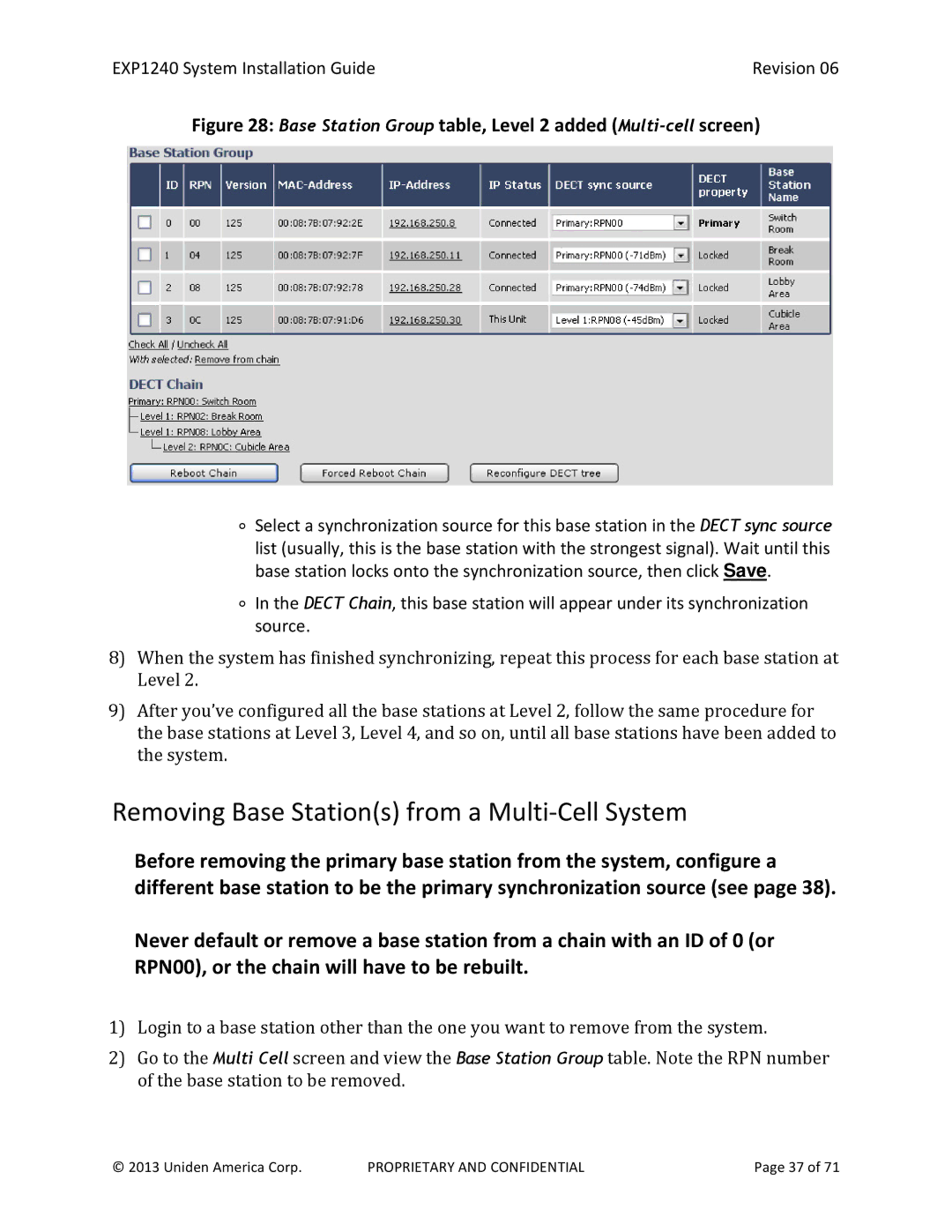 Uniden EXP1240 Removing Base Stations from a Multi-Cell System, Base Station Group table, Level 2 added Multi-cellscreen 