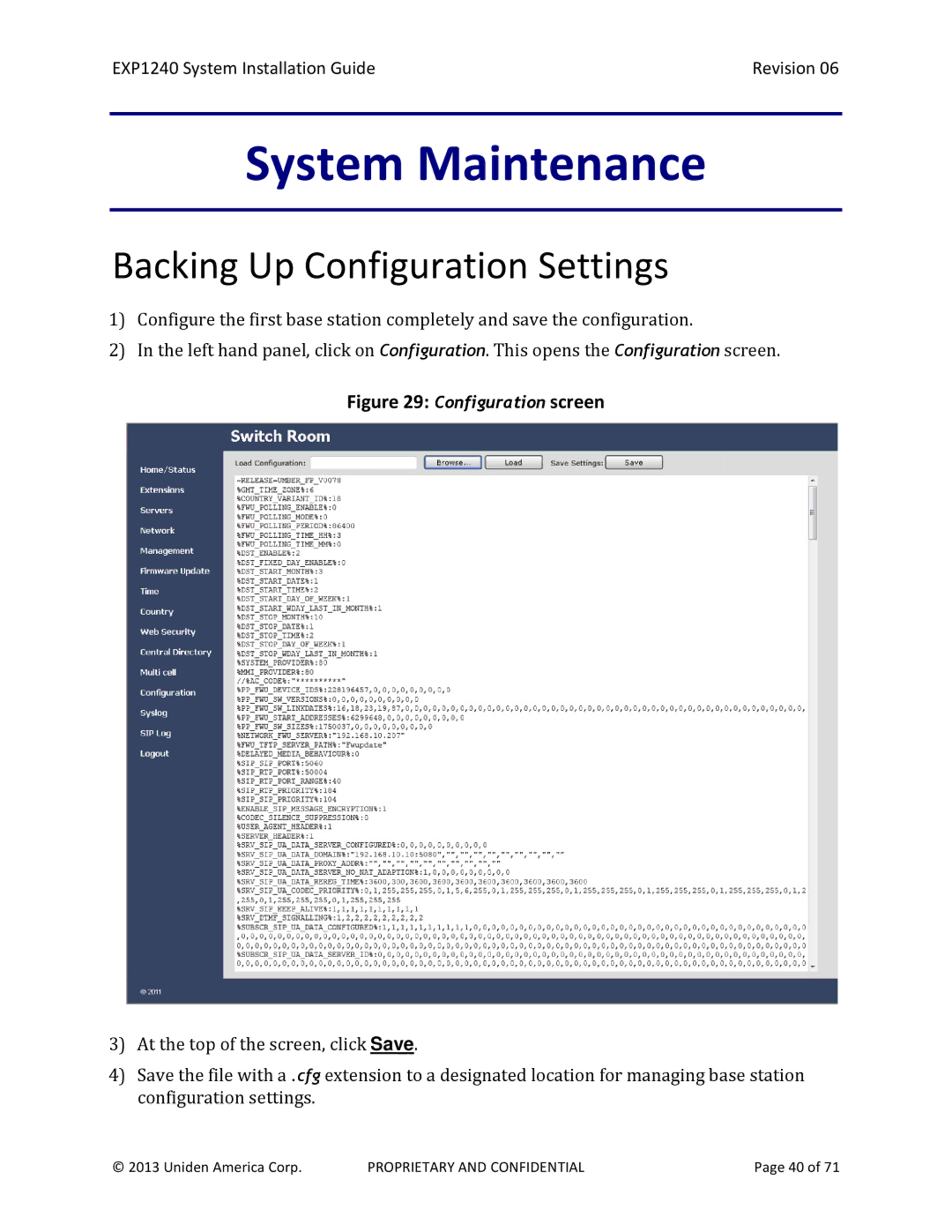 Uniden EXP1240 manual Backing Up Configuration Settings, Configuration screen 