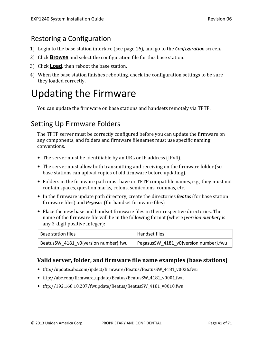 Uniden EXP1240 manual Updating the Firmware, Restoring a Configuration, Setting Up Firmware Folders 