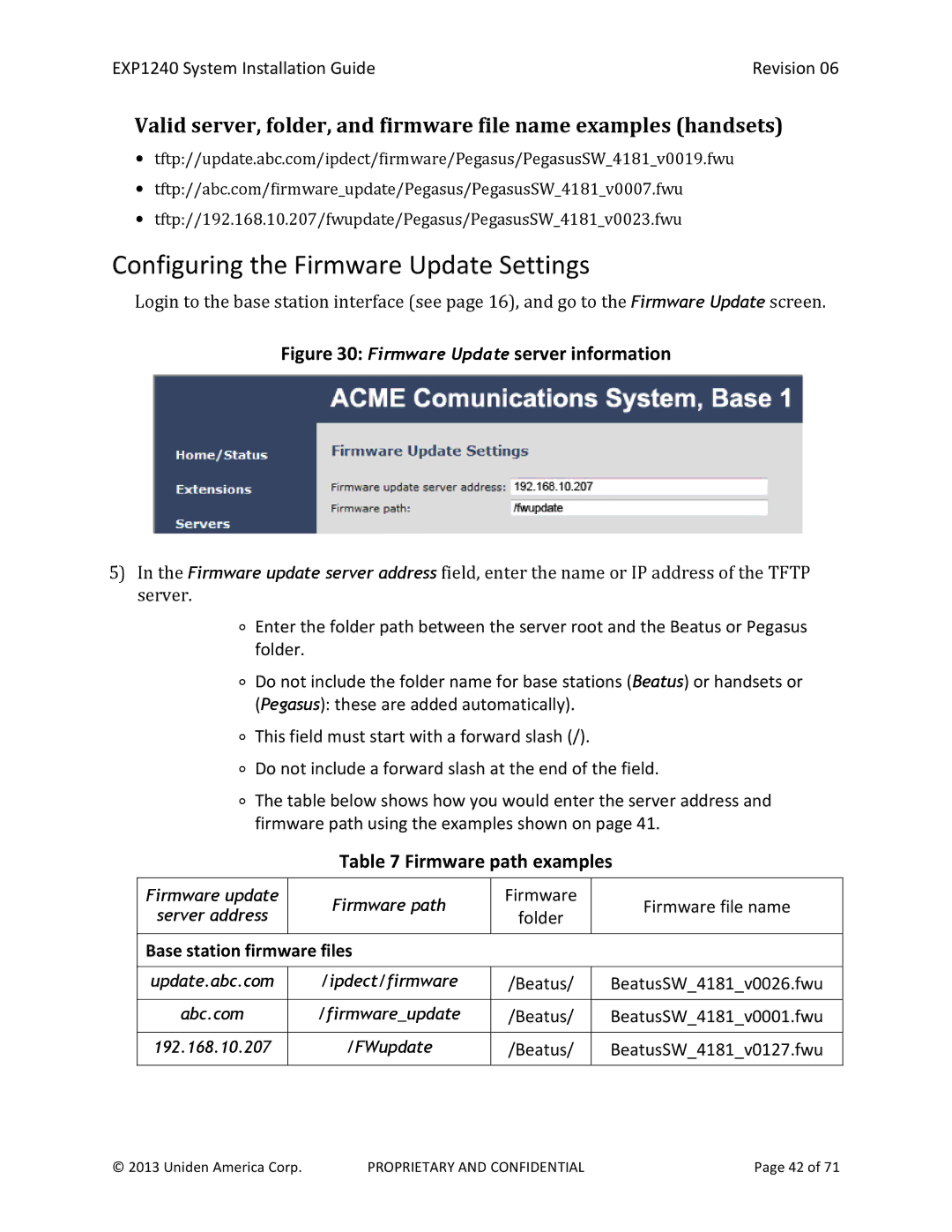 Uniden EXP1240 manual Configuring the Firmware Update Settings, Firmware path examples 