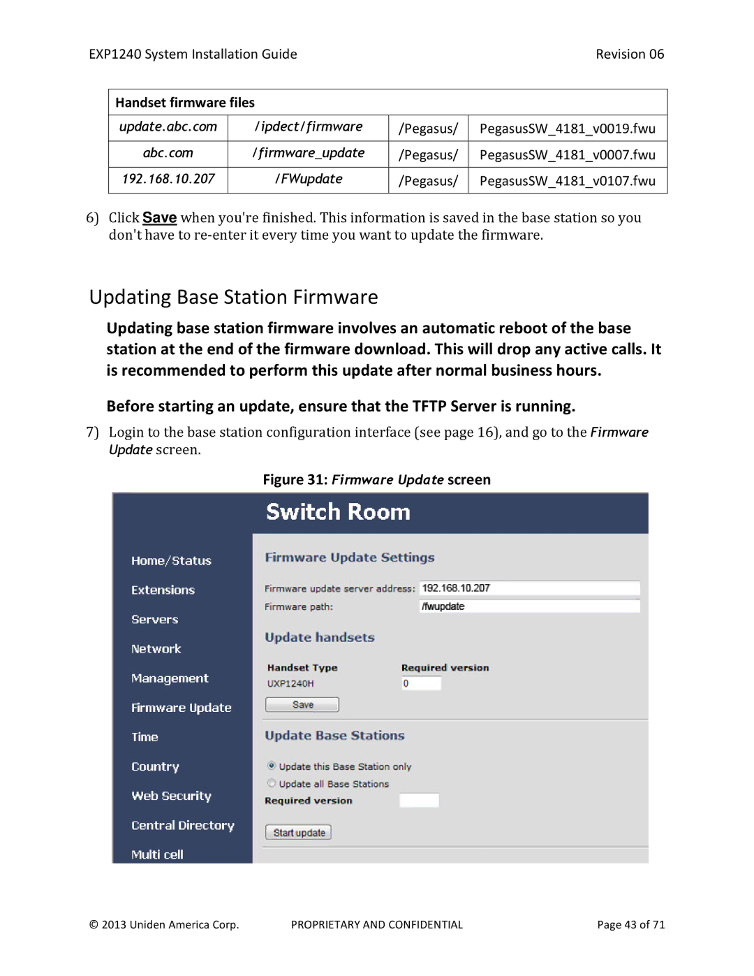 Uniden EXP1240 manual Updating Base Station Firmware, Firmware Update screen 