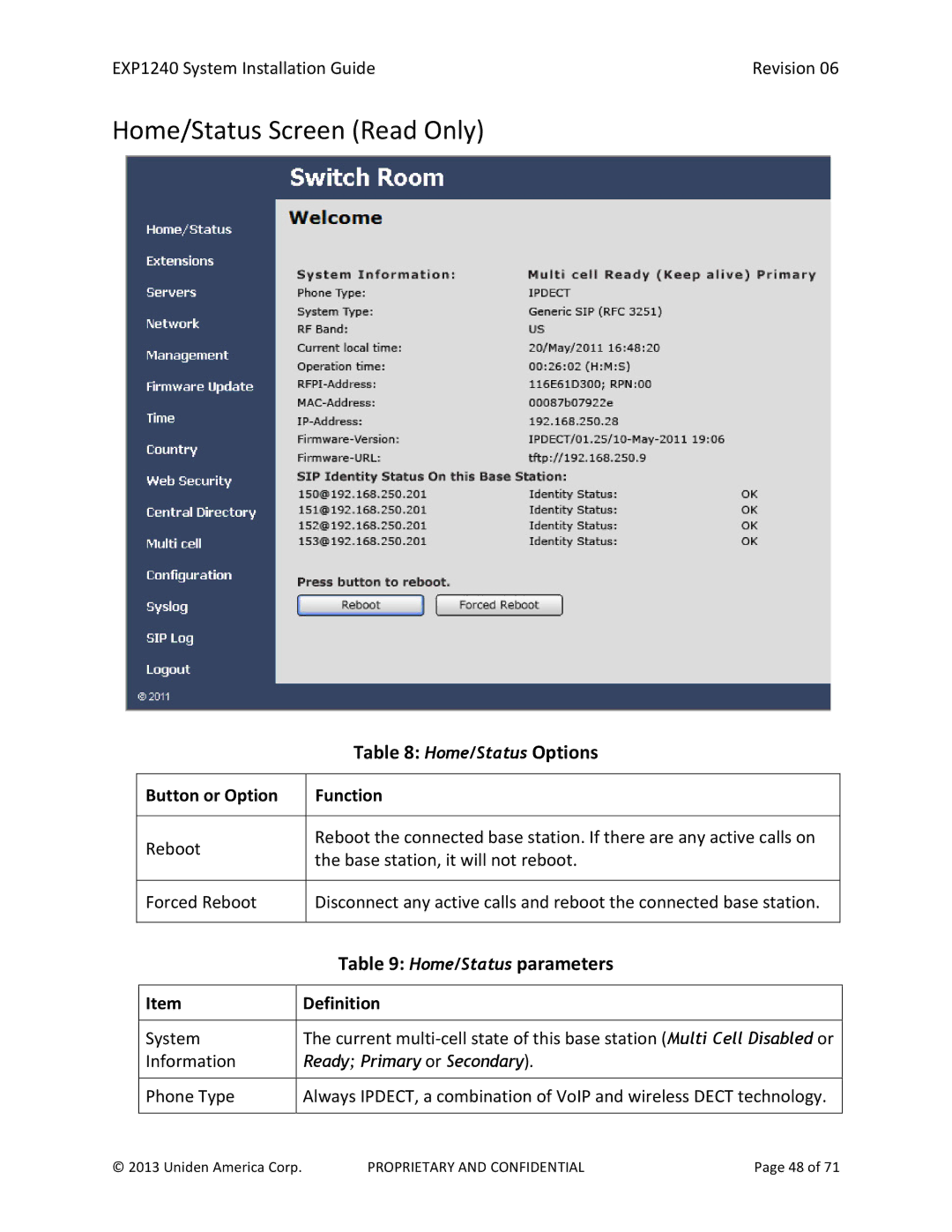 Uniden EXP1240 manual Home/Status Screen Read Only, Home/Status Options, Home/Status parameters 