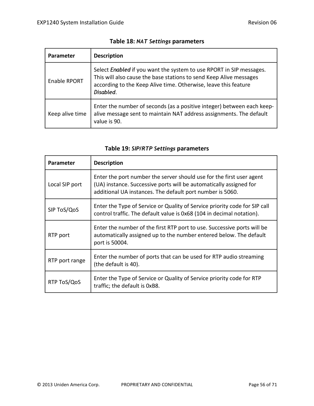 Uniden EXP1240 manual NAT Settings parameters, SIP/RTP Settings parameters 