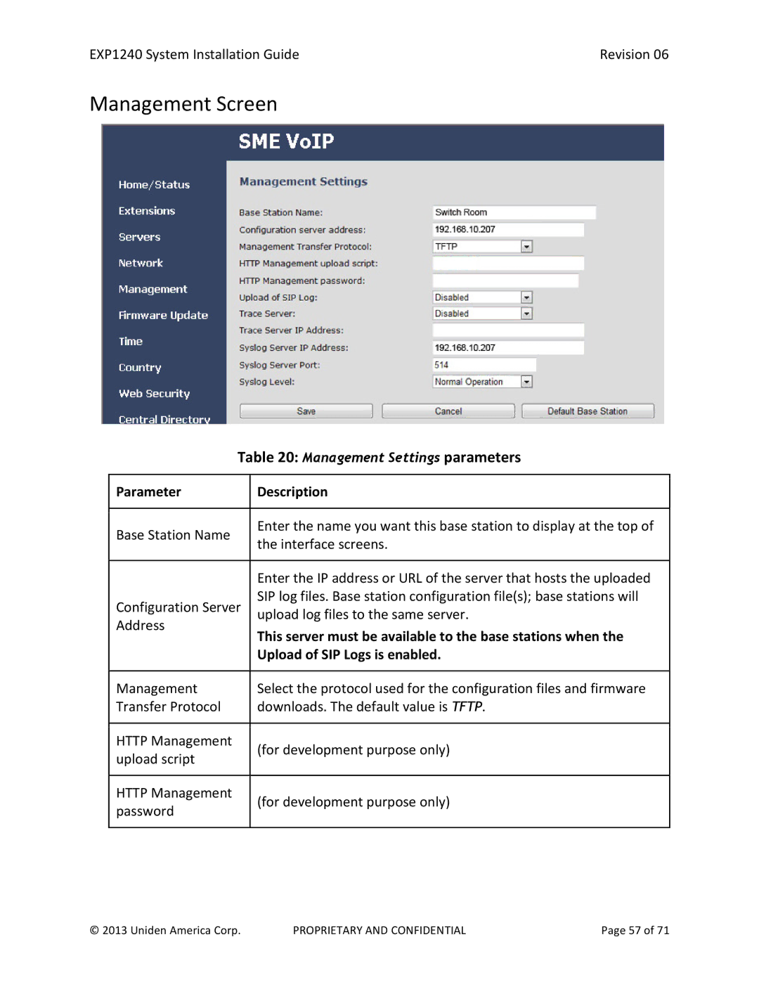 Uniden EXP1240 manual Management Screen, Management Settings parameters 