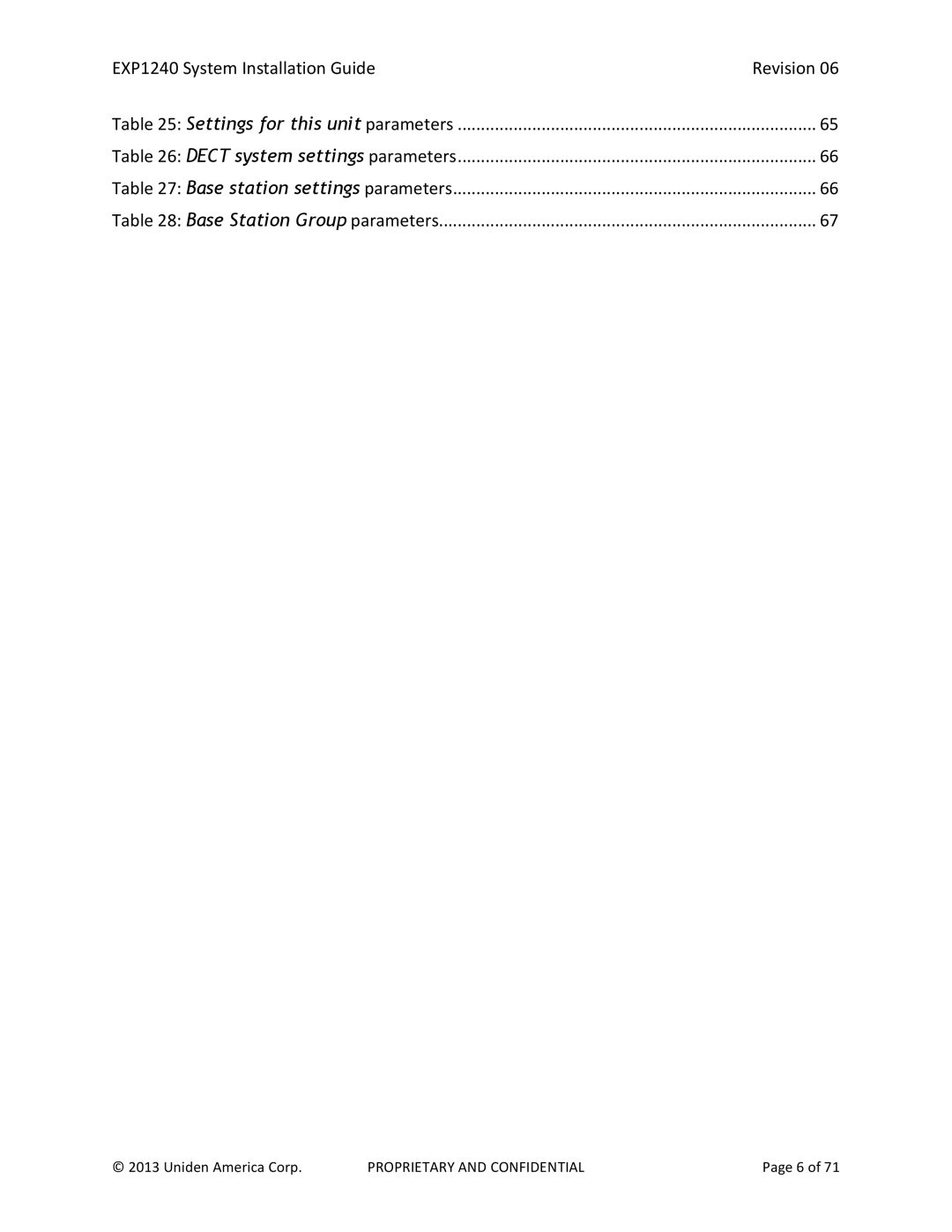 Uniden EXP1240 manual Dect system settings parameters 