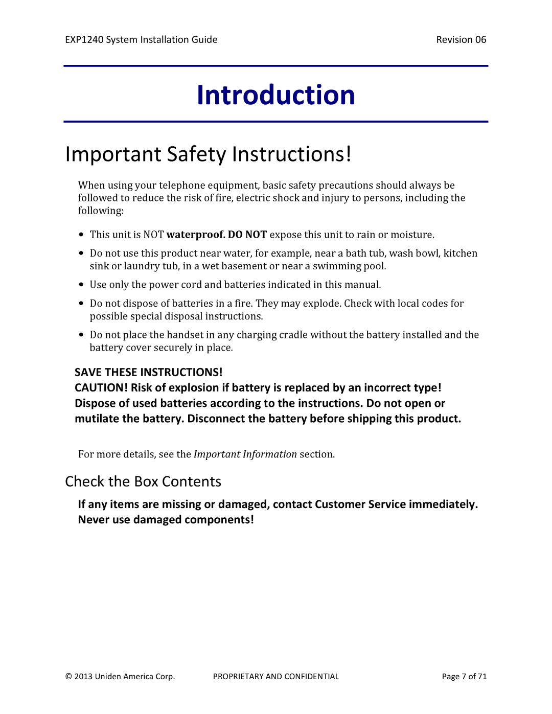 Uniden EXP1240 manual Important Safety Instructions, Check the Box Contents 