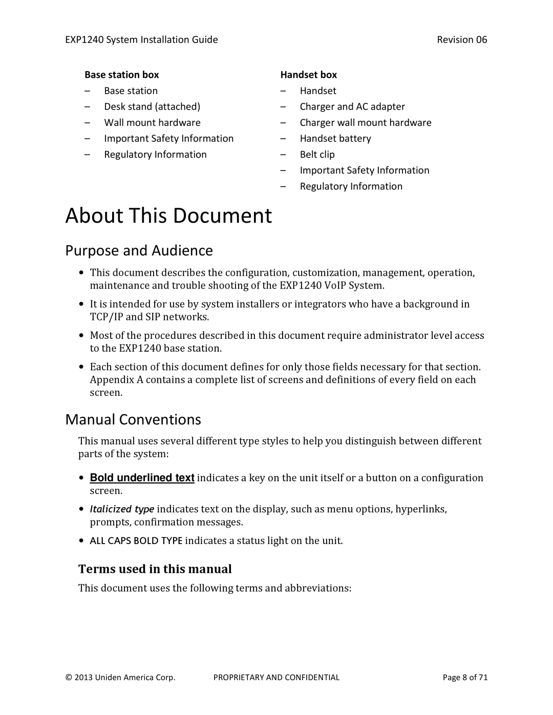 Uniden EXP1240 About This Document, Purpose and Audience, Manual Conventions, Terms used in this manual 