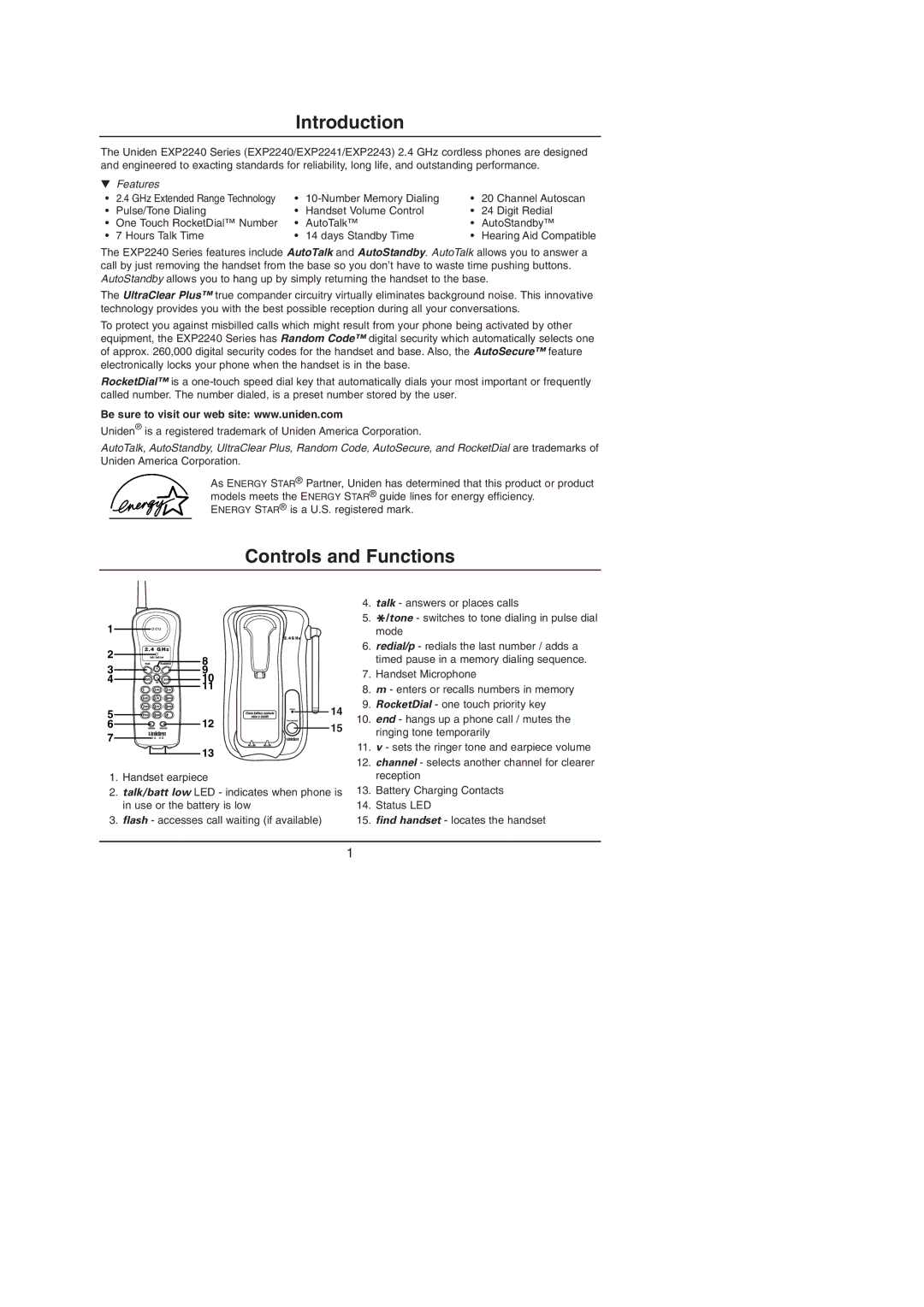 Uniden EXP2240 manual Introduction, Controls and Functions 