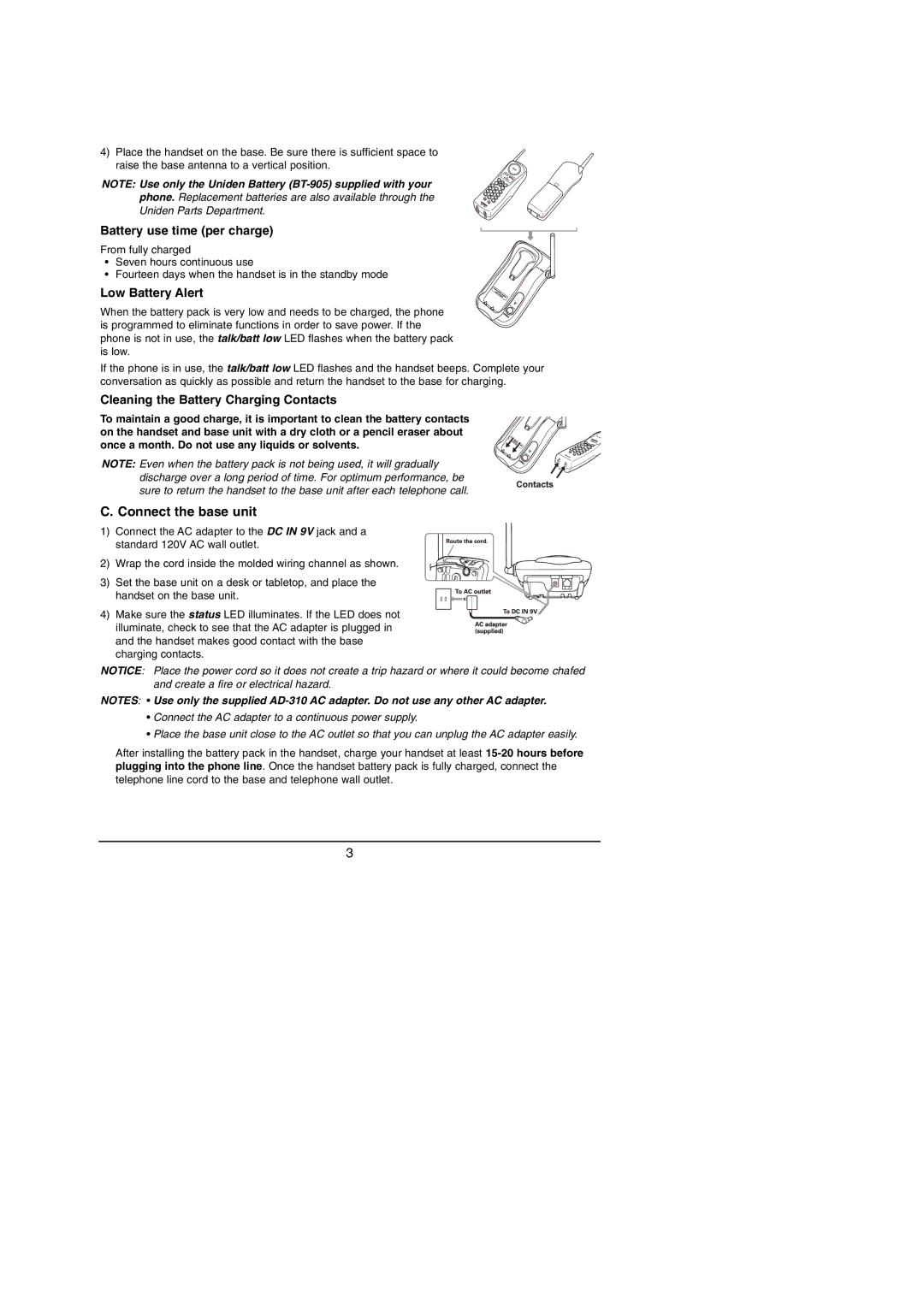 Uniden EXP2240 manual Battery use time per charge, Low Battery Alert, Cleaning the Battery Charging Contacts 