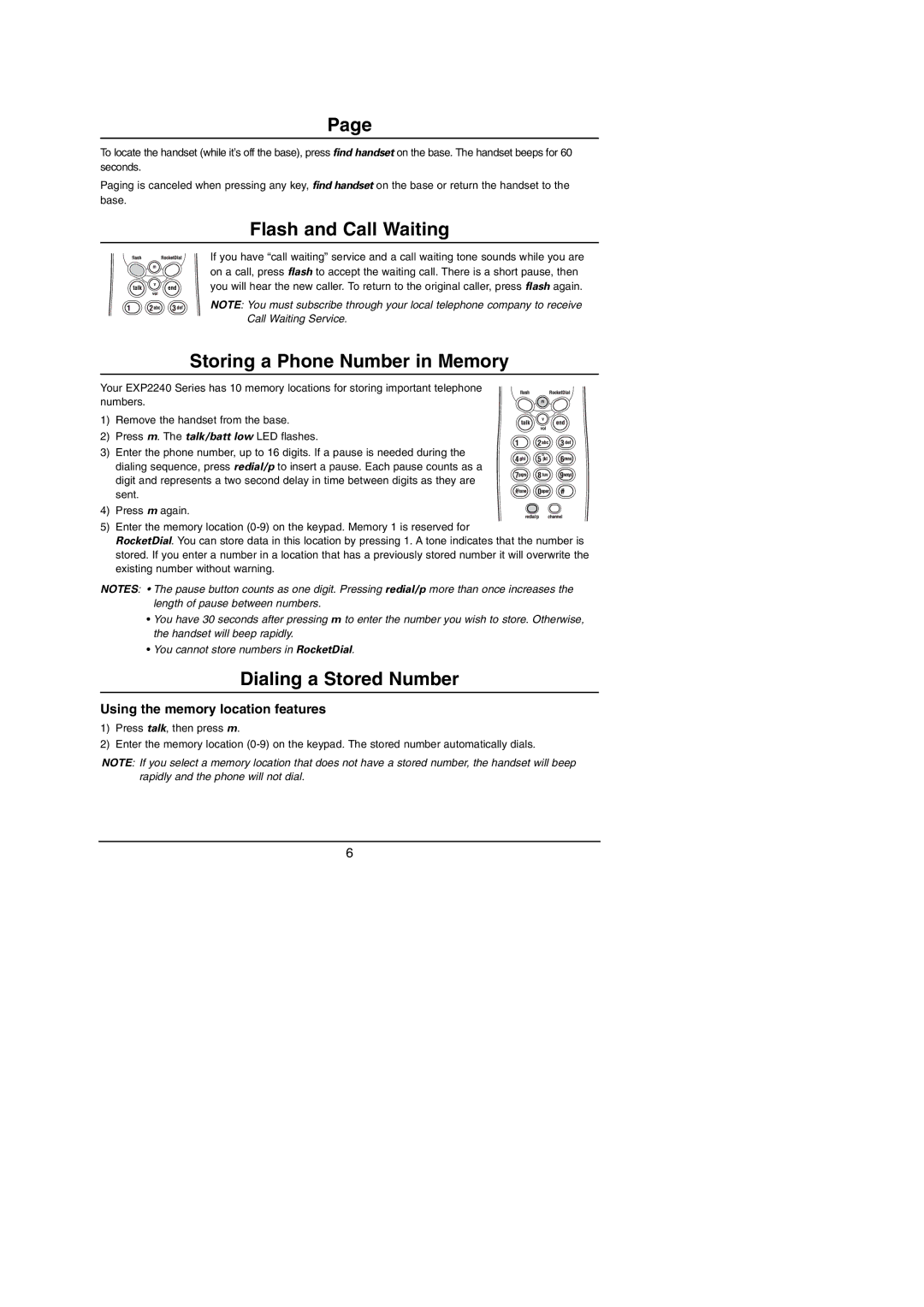Uniden EXP2240 manual Flash and Call Waiting, Storing a Phone Number in Memory, Dialing a Stored Number 