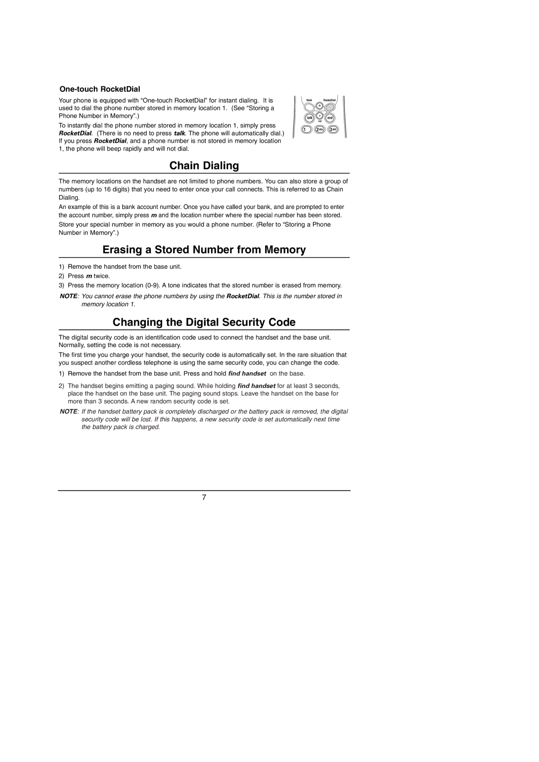 Uniden EXP2240 manual Chain Dialing, Erasing a Stored Number from Memory, Changing the Digital Security Code 