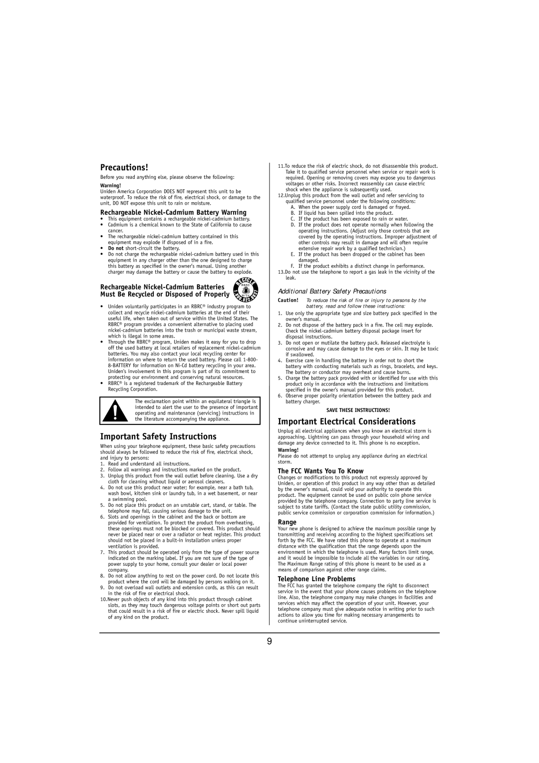 Uniden EXP2800 manual Precautions 