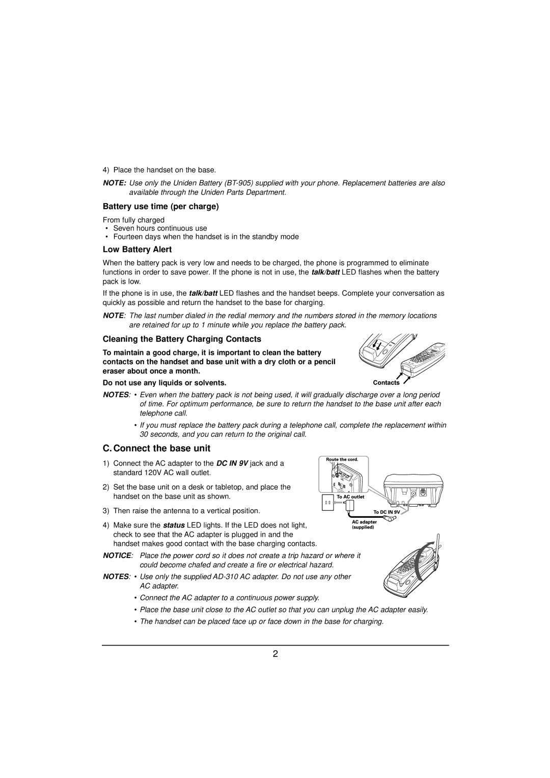 Uniden EXP2800 manual Connect the base unit, Battery use time per charge 