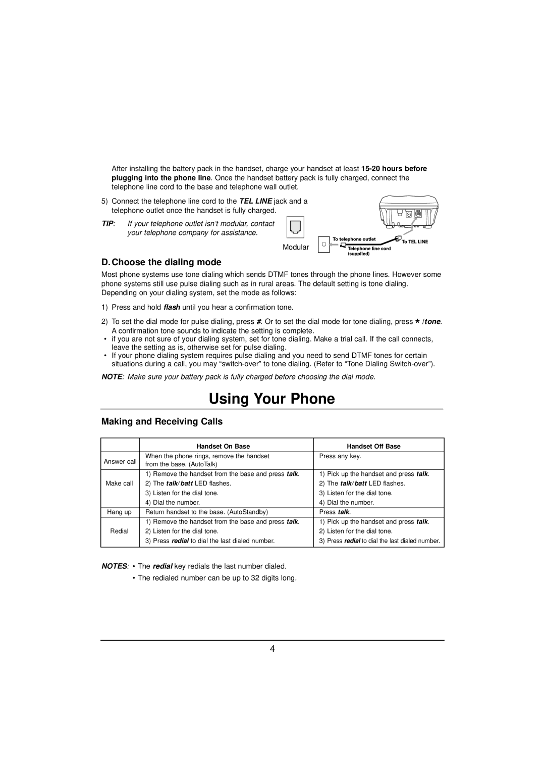 Uniden EXP2800 manual Using Your Phone, Choose the dialing mode, Making and Receiving Calls 