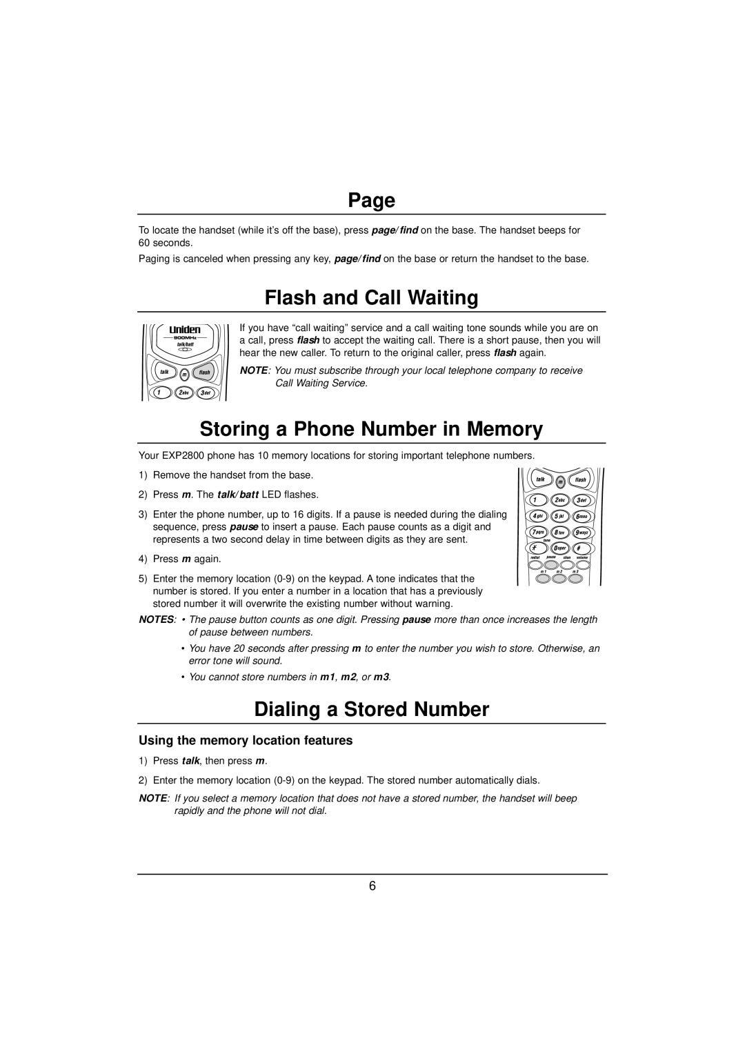 Uniden EXP2800 manual Flash and Call Waiting, Storing a Phone Number in Memory, Dialing a Stored Number 