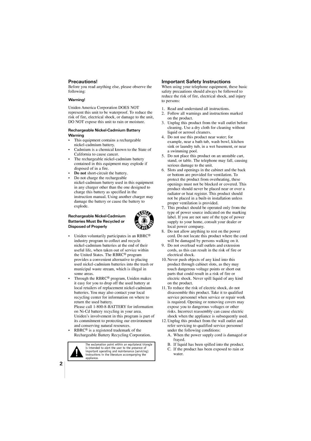 Uniden EXP2905 manual Precautions, Important Safety Instructions 