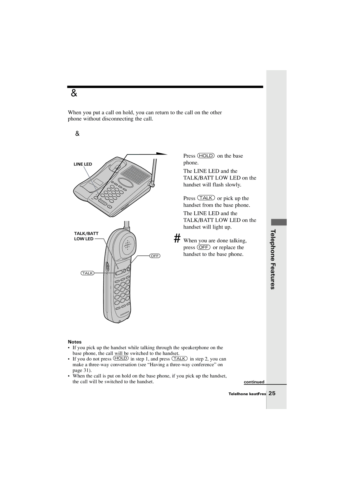 Uniden EXP2905 manual Switching the phones during a call, To switch from the base phone to the handset 