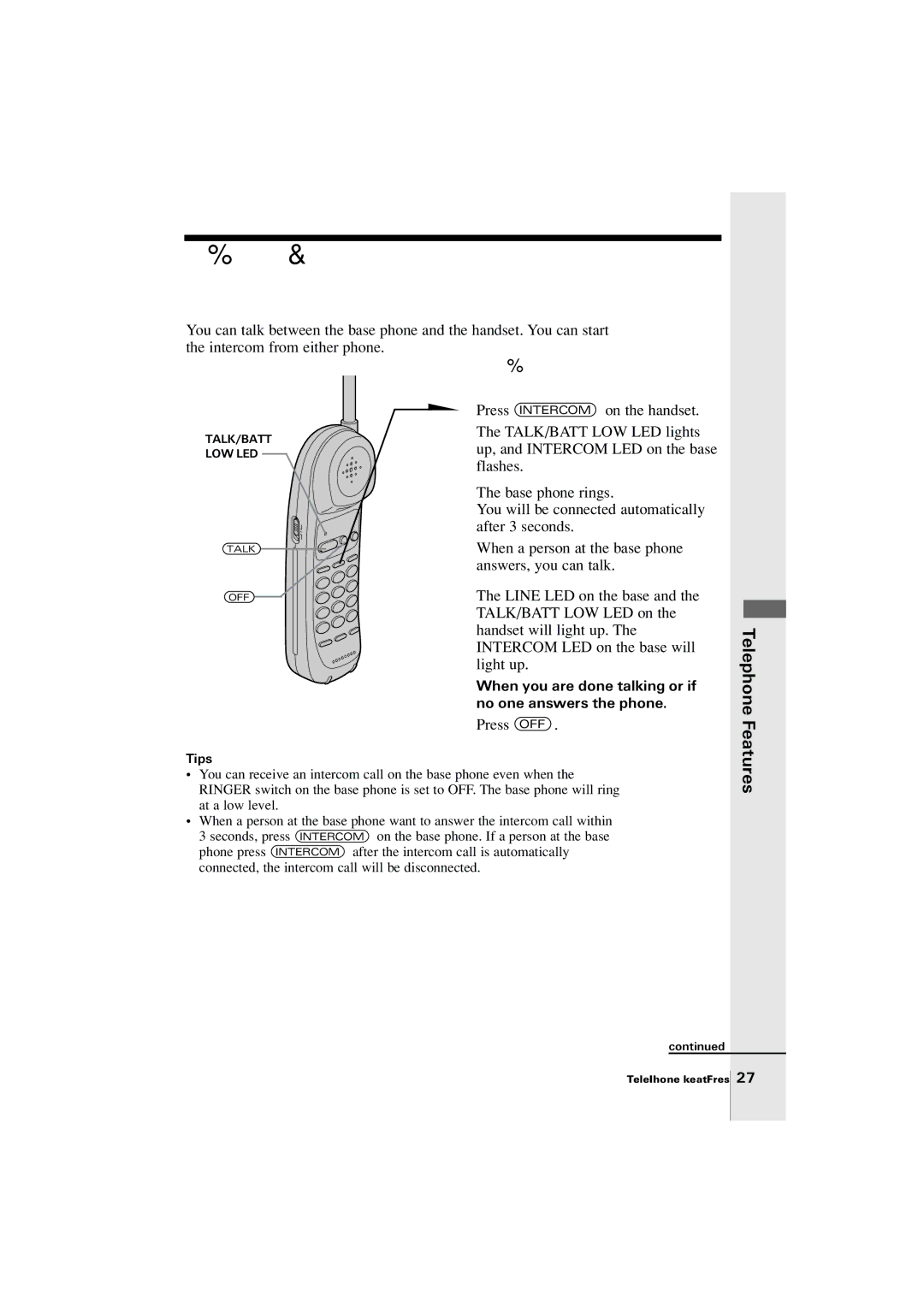 Uniden EXP2905 Talking between the handset and the base phone Intercom, To talk from the handset to the base phone, Tips 