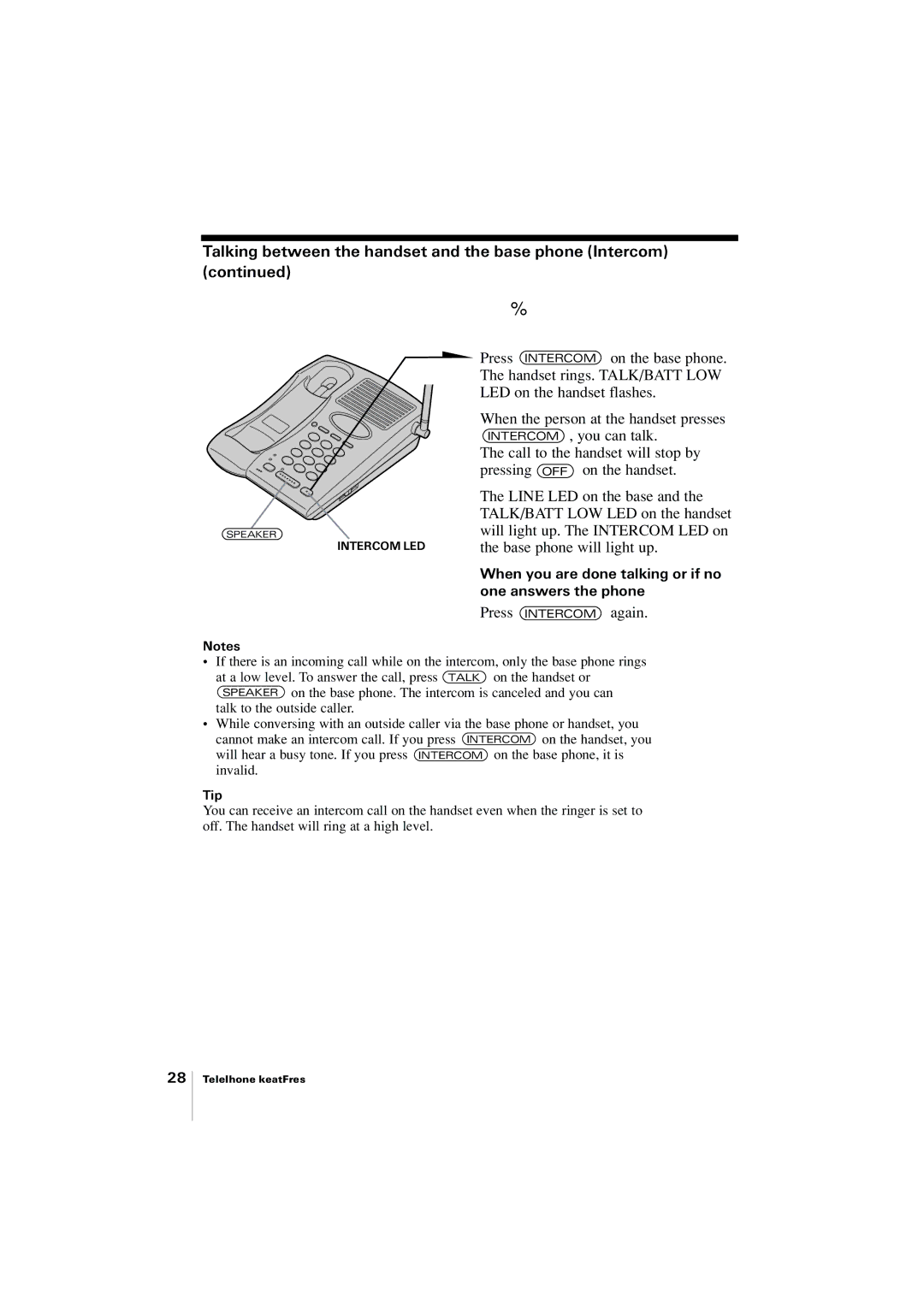 Uniden EXP2905 manual To talk from the base phone, To the handset, Talking between the handset and the base phone Intercom 