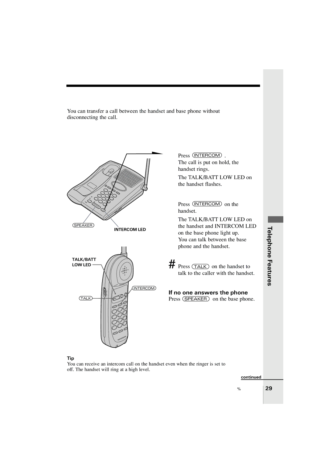 Uniden EXP2905 manual Transferring a call, To transfer from the base phone to the handset, If no one answers the phone 