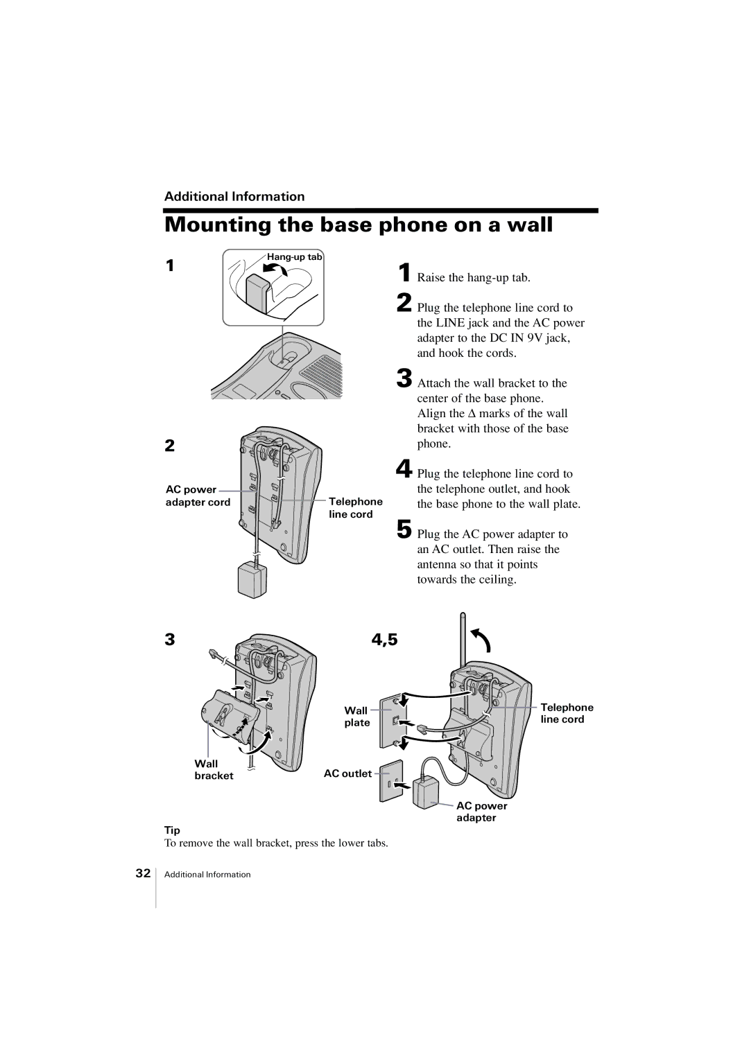 Uniden EXP2905 manual Mounting the base phone on a wall, Additional Information 