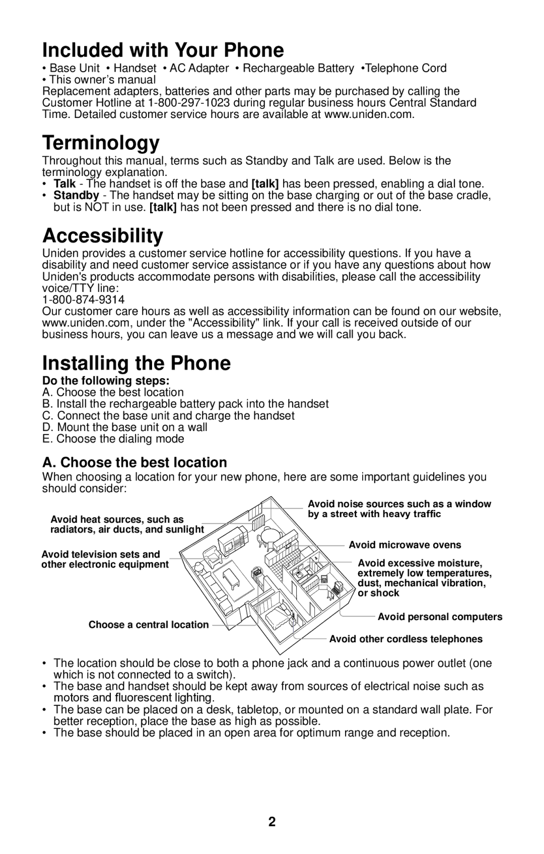 Uniden EXP4540 manual Included with Your Phone, Terminology, Accessibility, Installing the Phone, Choose the best location 