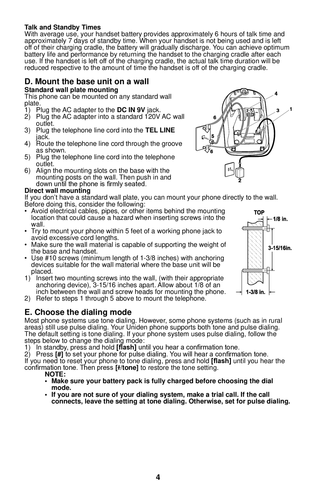 Uniden EXP4540 manual Mount the base unit on a wall, Choose the dialing mode, Talk and Standby Times, Direct wall mounting 