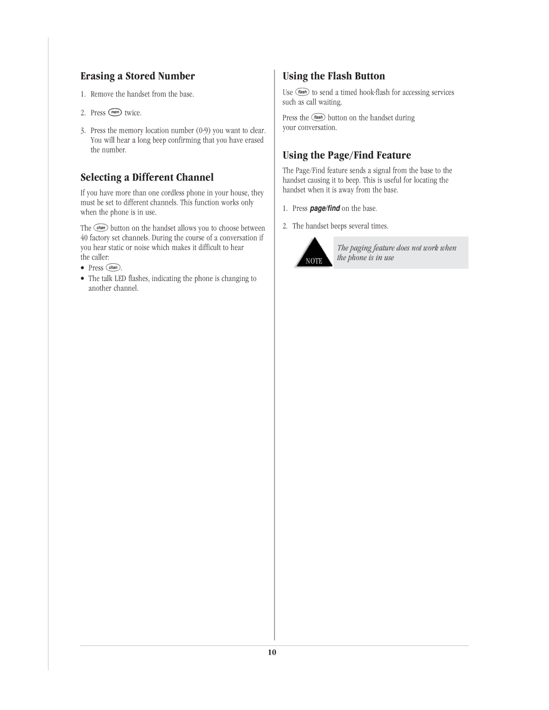 Uniden EXP90 Erasing a Stored Number, Selecting a Different Channel, Using the Flash Button, Using the Page/Find Feature 