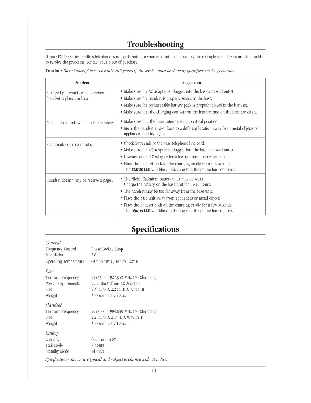 Uniden EXP90 manual Troubleshooting, Specifications 