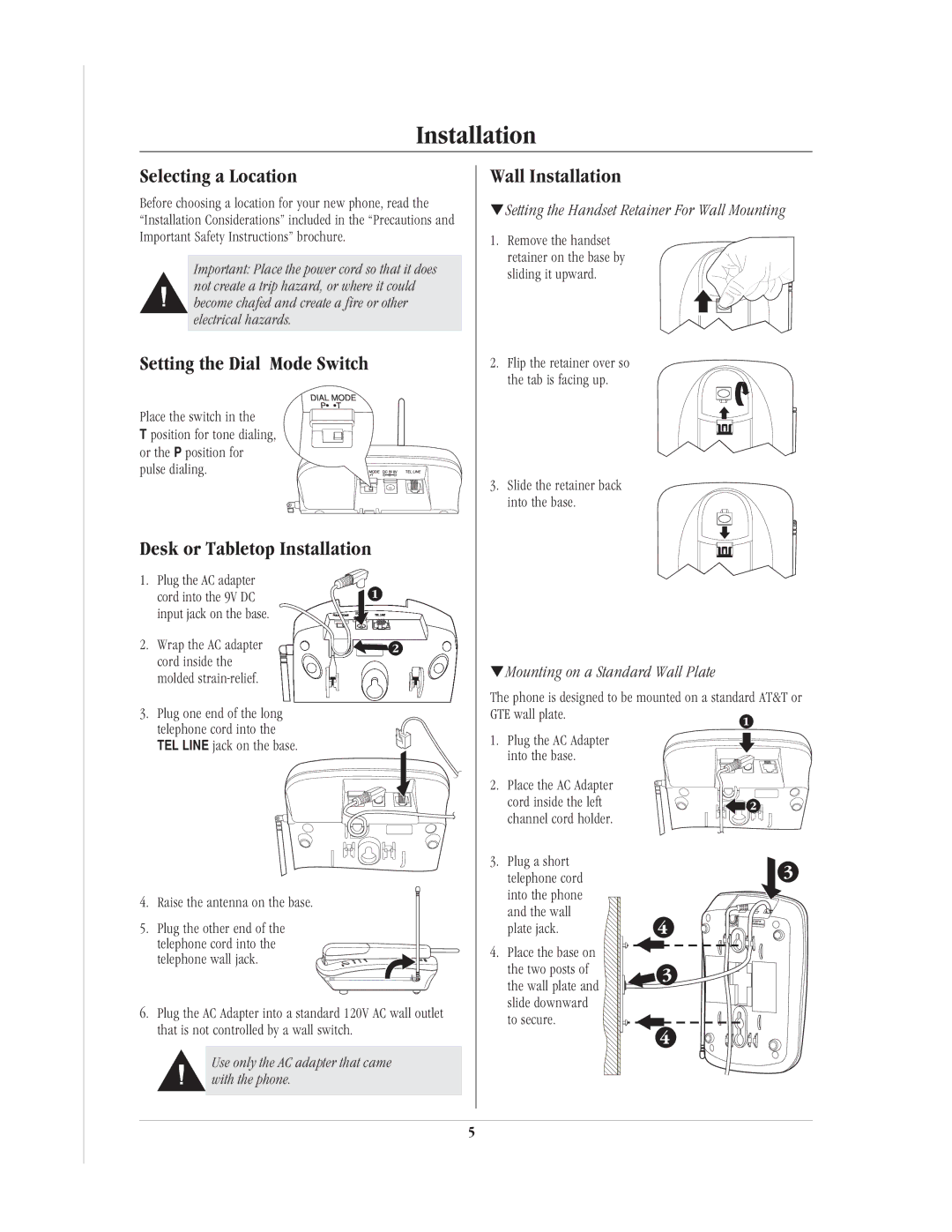 Uniden EXP90 Selecting a Location, Setting the Dial Mode Switch, Desk or Tabletop Installation, Wall Installation 