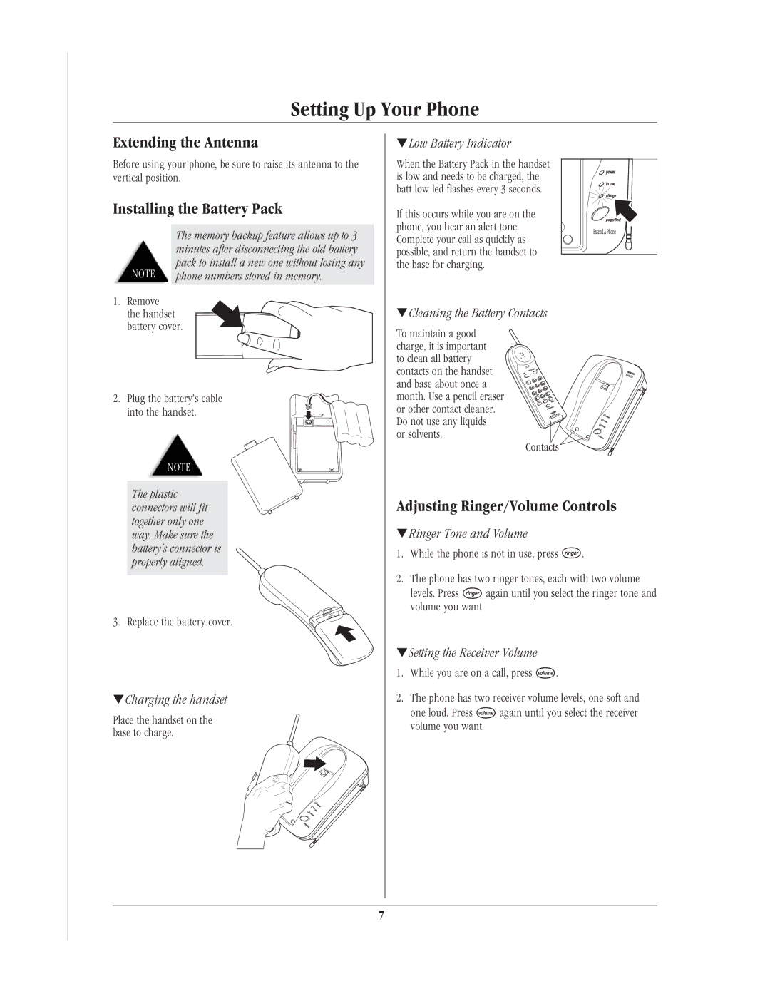 Uniden EXP90 Setting Up Your Phone, Extending the Antenna, Installing the Battery Pack, Adjusting Ringer/Volume Controls 