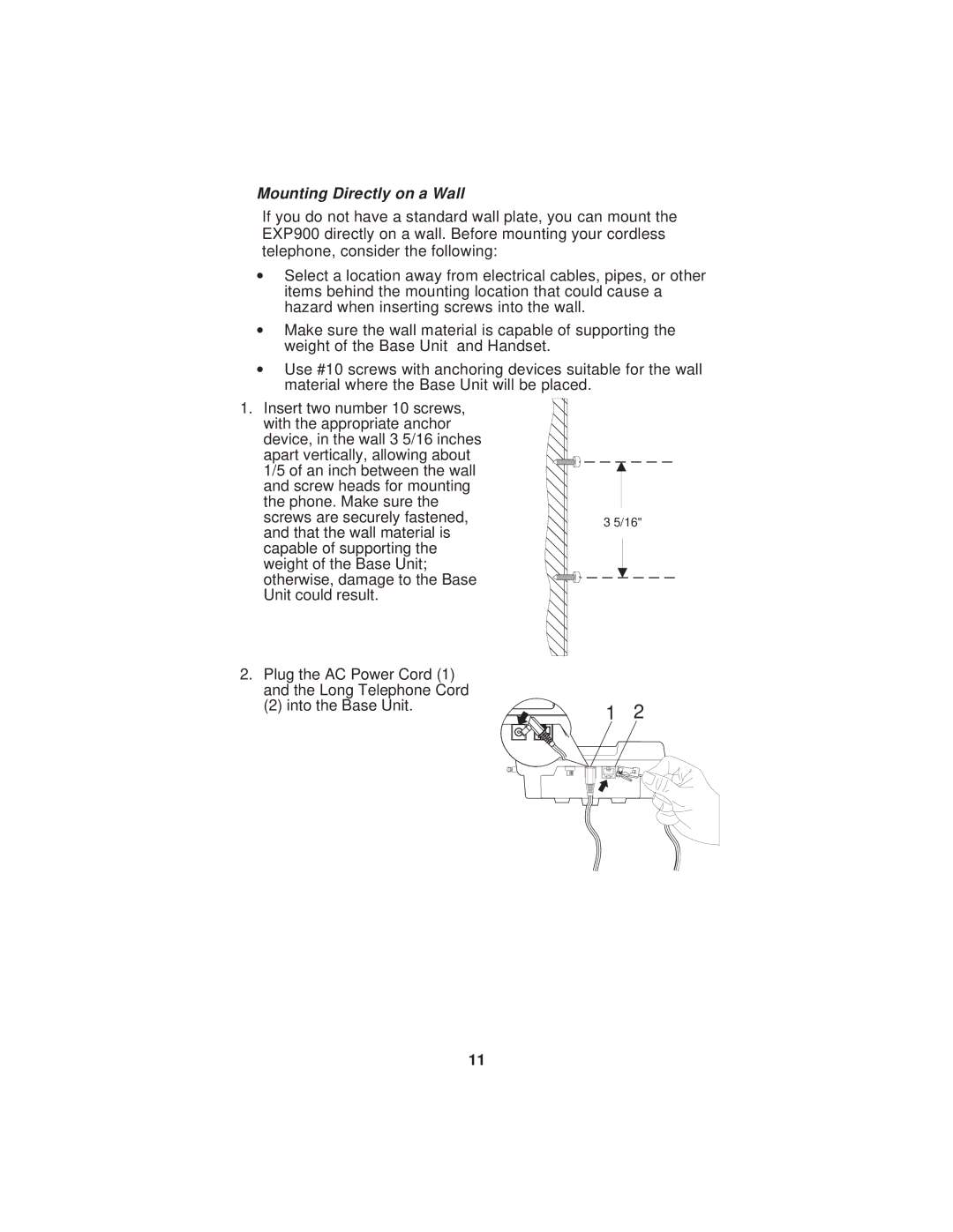 Uniden EXP900 important safety instructions Mounting Directly on a Wall 