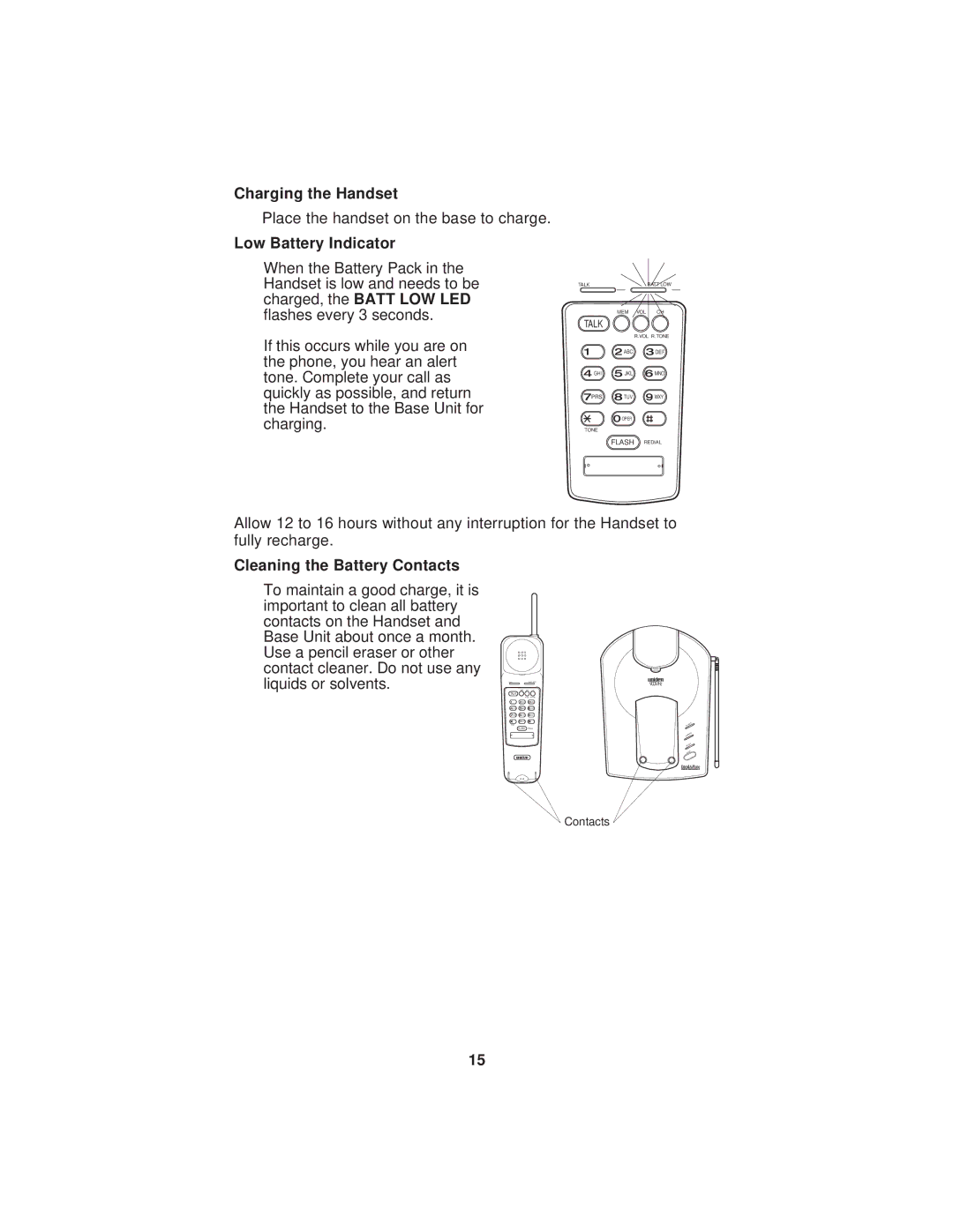 Uniden EXP900 important safety instructions Charging the Handset, Low Battery Indicator, Cleaning the Battery Contacts 