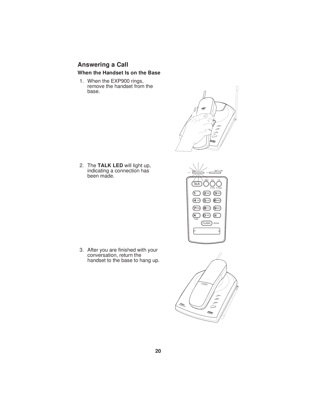 Uniden EXP900 important safety instructions Answering a Call, When the Handset Is on the Base 