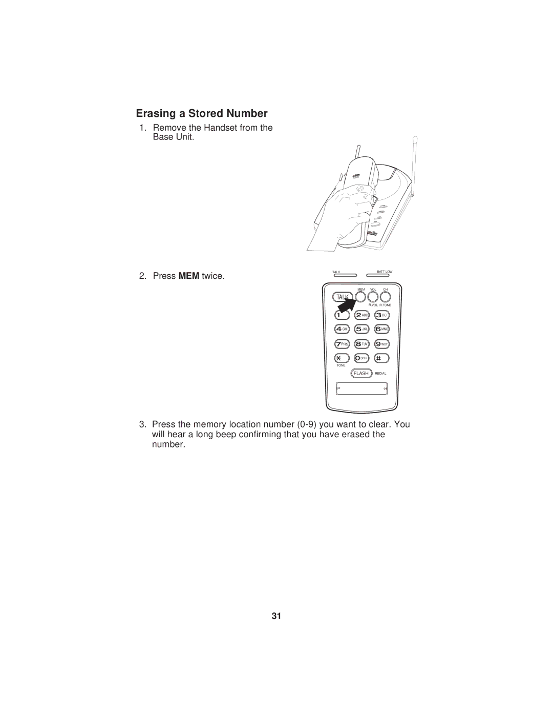 Uniden EXP900 important safety instructions Erasing a Stored Number 