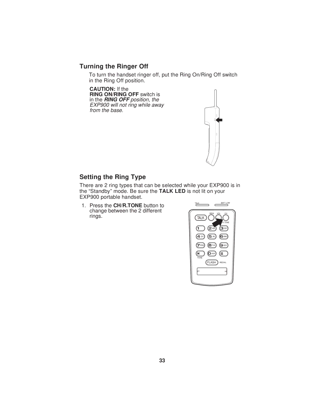 Uniden EXP900 important safety instructions Turning the Ringer Off, Setting the Ring Type 