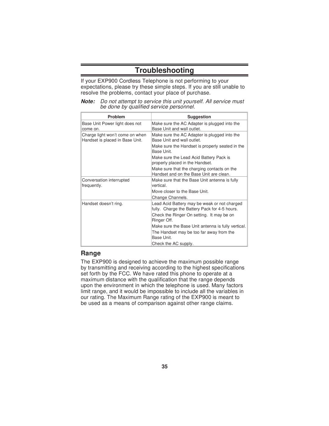 Uniden EXP900 important safety instructions Troubleshooting, Range 