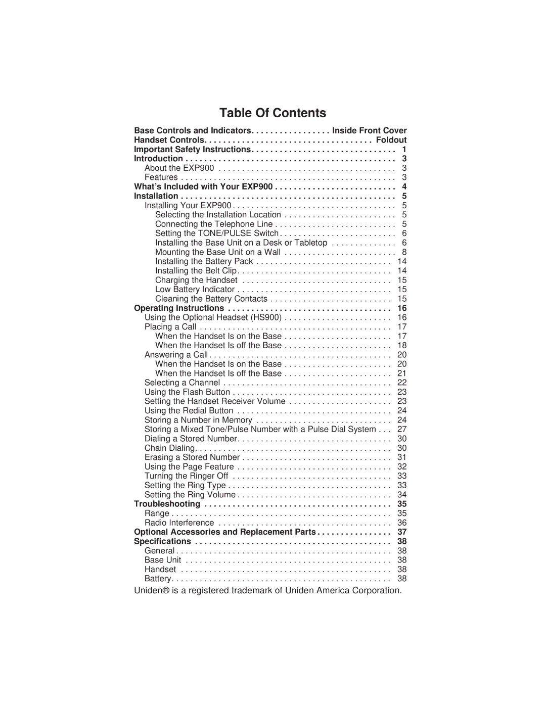 Uniden EXP900 important safety instructions Table Of Contents 