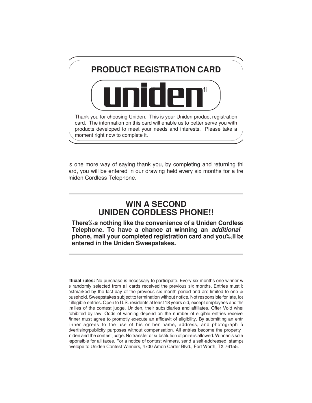 Uniden EXP900 important safety instructions Product Registration Card 