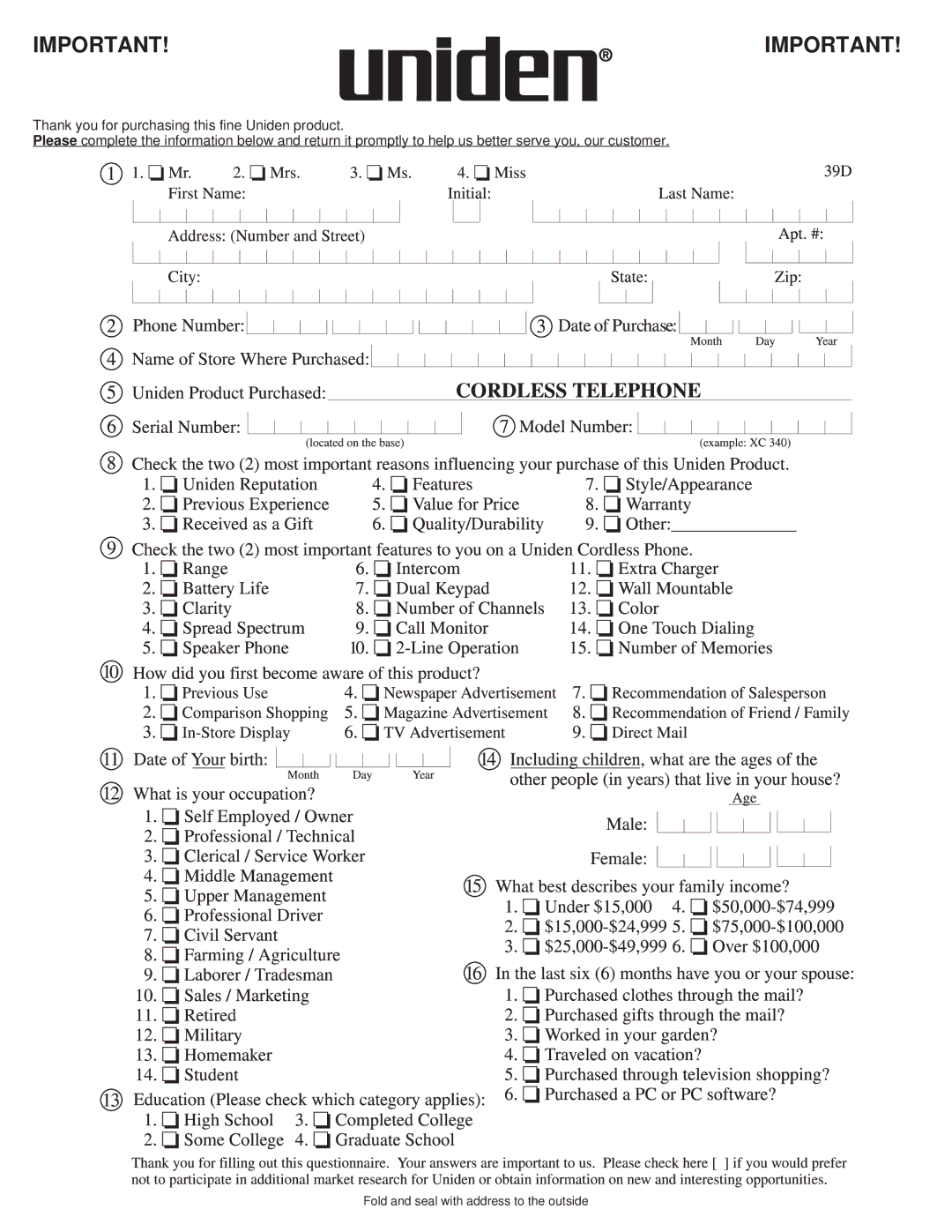 Uniden EXP900 important safety instructions Fold and seal with address to the outside 