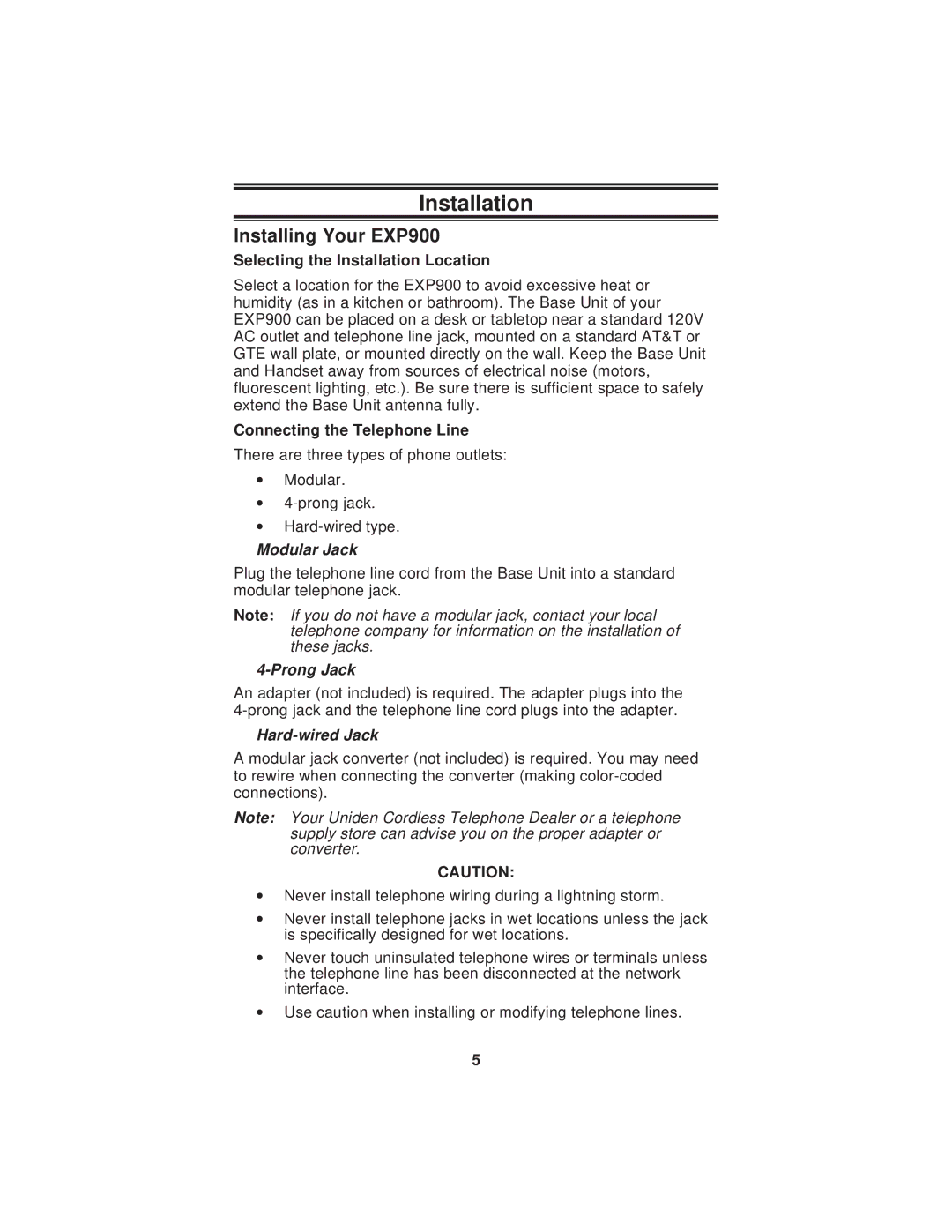 Uniden Installing Your EXP900, Selecting the Installation Location, Connecting the Telephone Line 