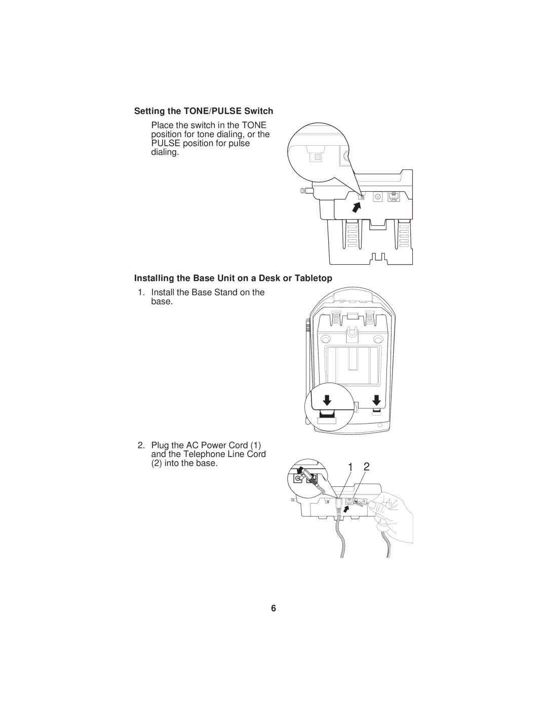 Uniden EXP900 important safety instructions Setting the TONE/PULSE Switch, Installing the Base Unit on a Desk or Tabletop 