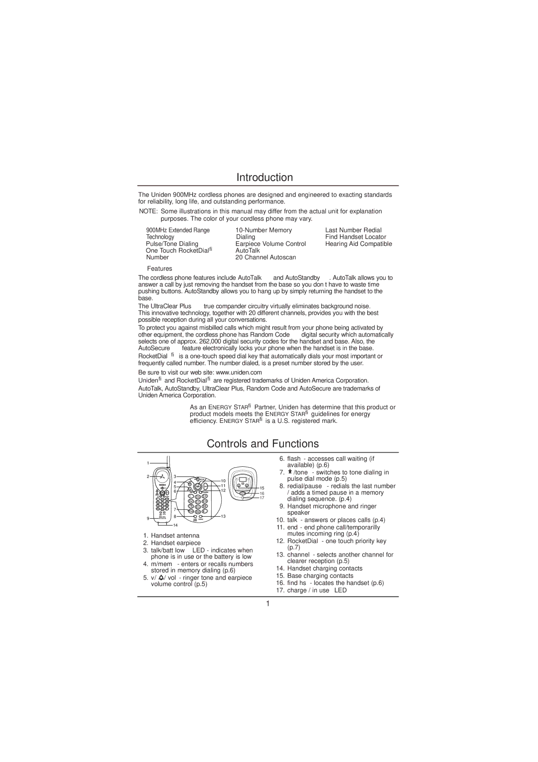 Uniden EXP971 manual Introduction, Controls and Functions 