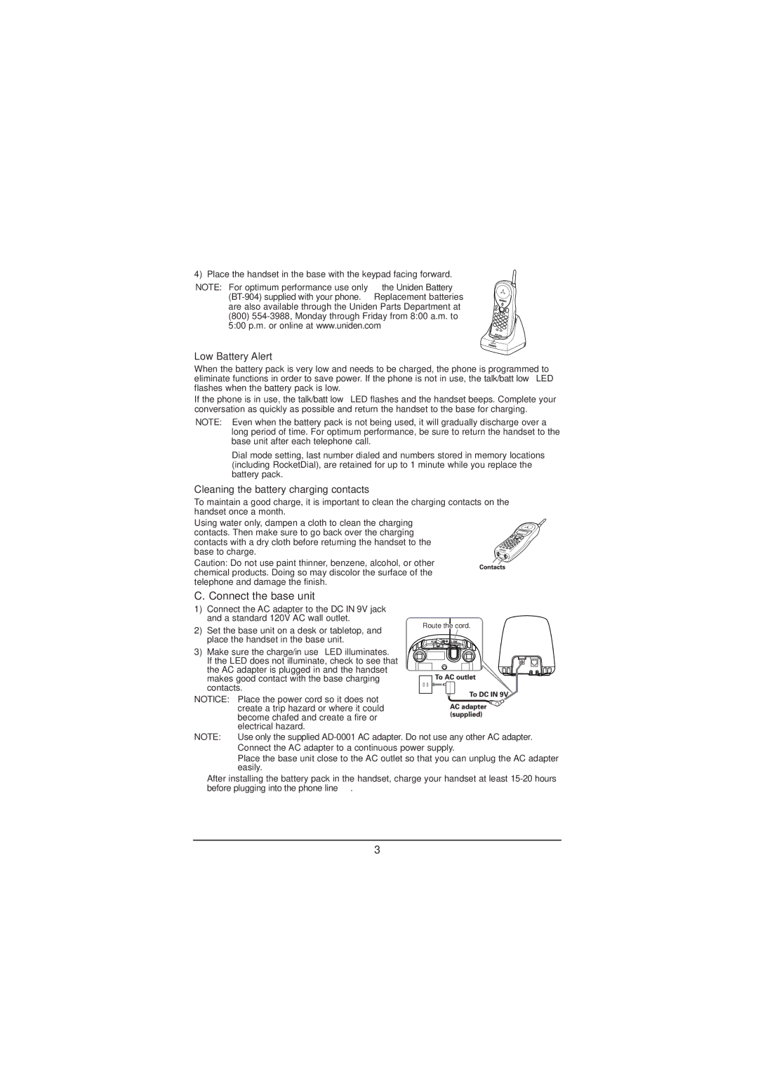 Uniden EXP971 manual Low Battery Alert, Cleaning the battery charging contacts, Connect the base unit 