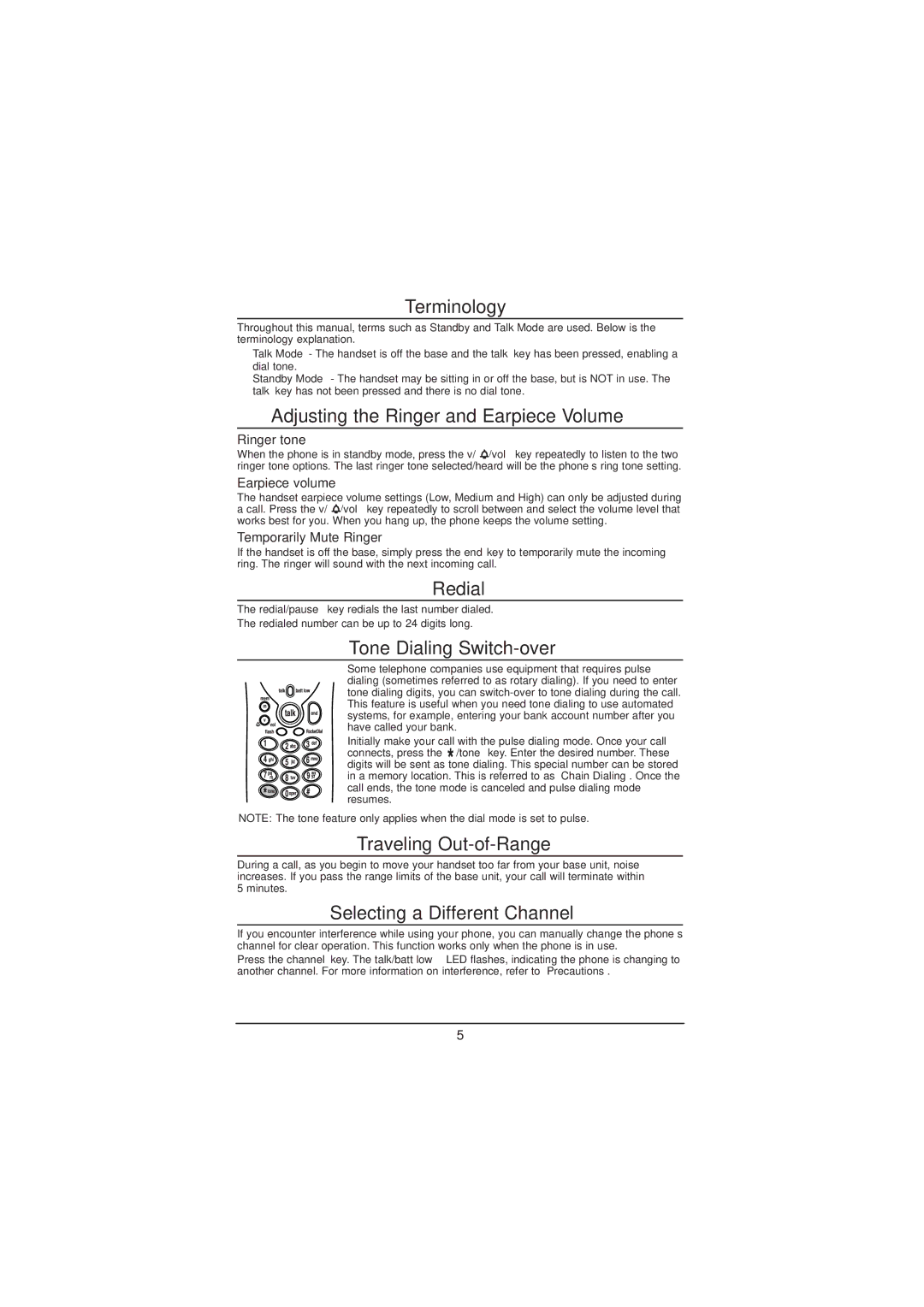 Uniden EXP971 manual Terminology, Adjusting the Ringer and Earpiece Volume, Redial, Tone Dialing Switch-over 